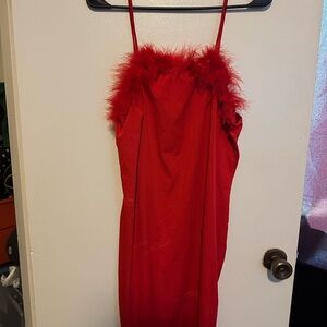 Red Feather Trim Slip Dress